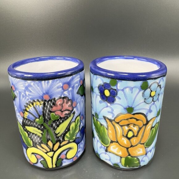 Hand Made Talavera Pottery Cups Tumblers Set 2 Signed Zepeda Puebla Mexico Cups - Picture 11 of 12